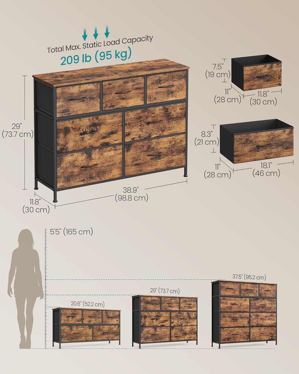 SONGMICS Dresser - 7-Drawer Storage Organizer Unit for Bedroom & Entryway - Rustic Brown & Ink Black