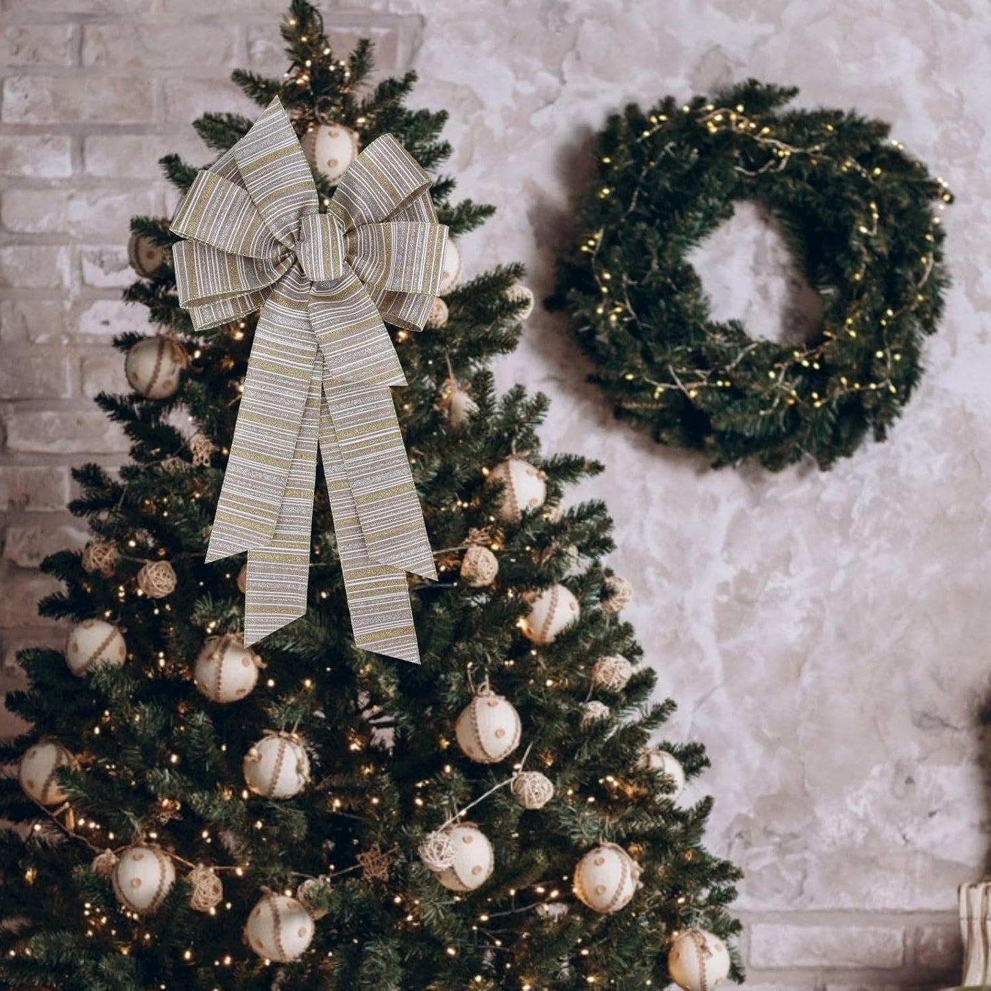 Meseey Large Burlap Ribbon Bow - Gold & Silver Glitter Stripe | 11 x 20 Inch for Christmas Gifts & Party Decor