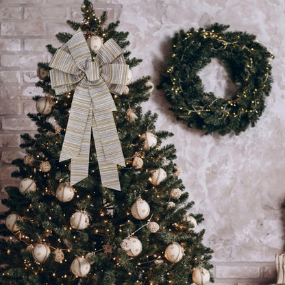 Meseey Large Burlap Ribbon Bow - Gold & Silver Glitter Stripe | 11 x 20 Inch for Christmas Gifts & Party Decor
