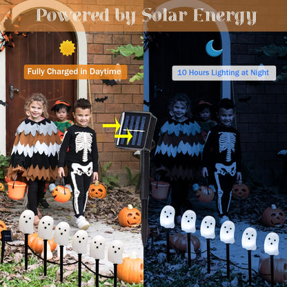 Fcysy Halloween Decorations Solar Lights Outdoor, 6 Pcs Solar Powered Halloween Lighted Ghosts Pathway Stake String Lights, Halloween Party Décor Walkway Lights, Halloween Yard Garden Solar Light