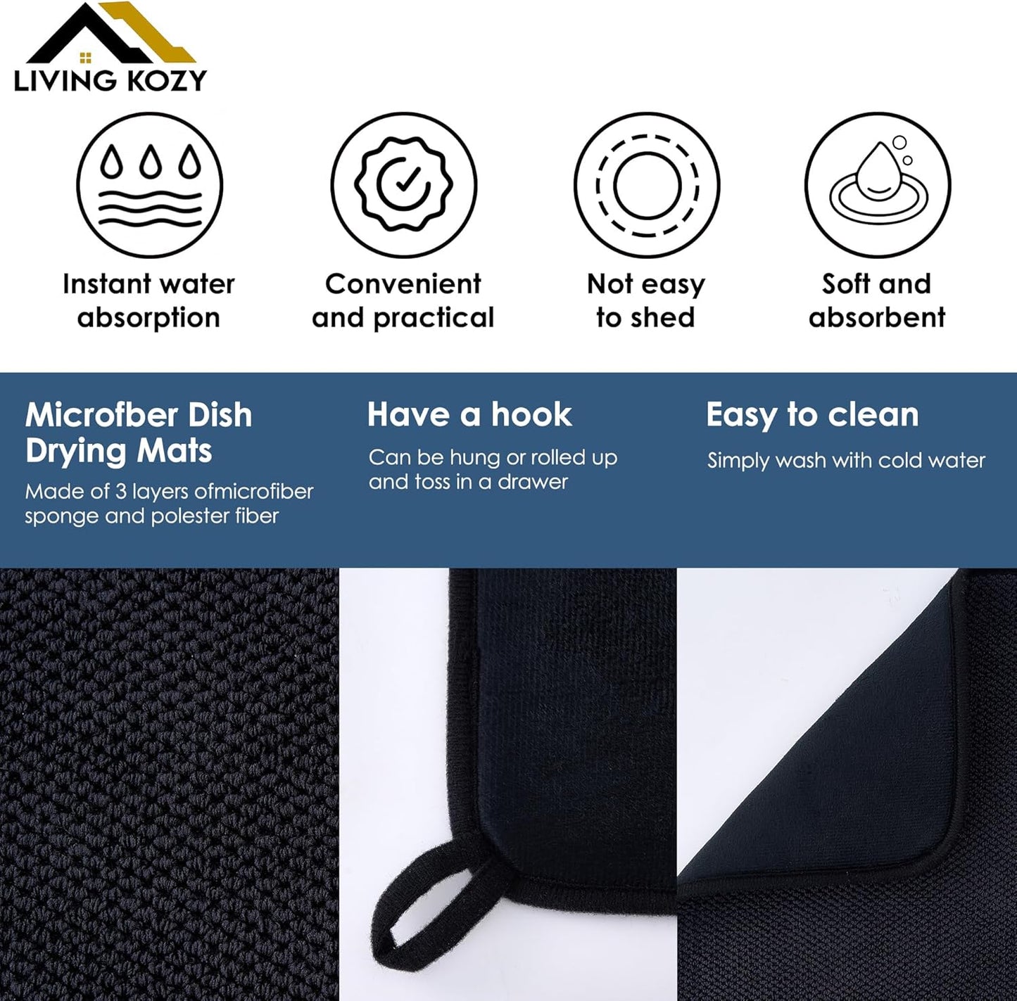Microfiber Dish Drying Mat by Skiennix - Ultra-Absorbent Kitchen Counter Pad, Large Black 15"x20" (50x38cm)