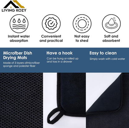 Microfiber Dish Drying Mat by Skiennix - Ultra-Absorbent Kitchen Counter Pad, Large Black 15"x20" (50x38cm)