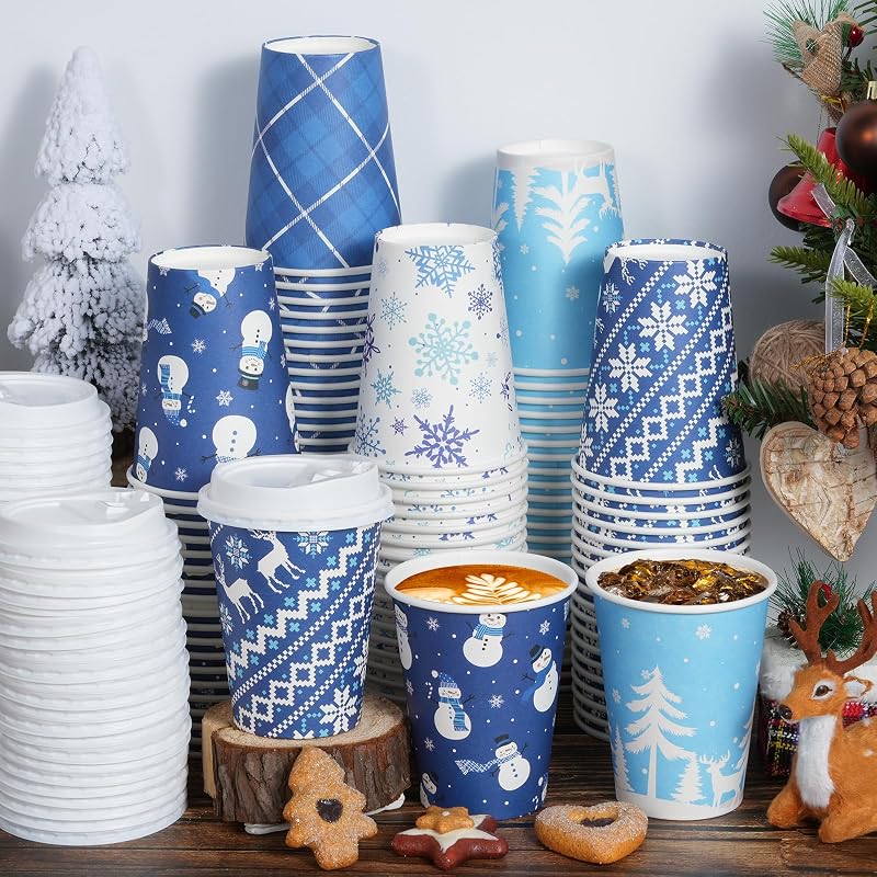 Blue Winter 12oz Christmas Coffee Cups with Lids - 100 Pack, 5 Styles