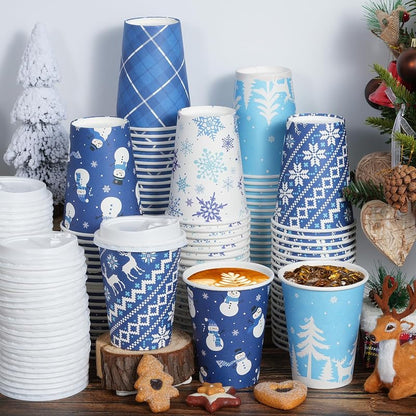 Blue Winter 12oz Christmas Coffee Cups with Lids - 100 Pack, 5 Styles