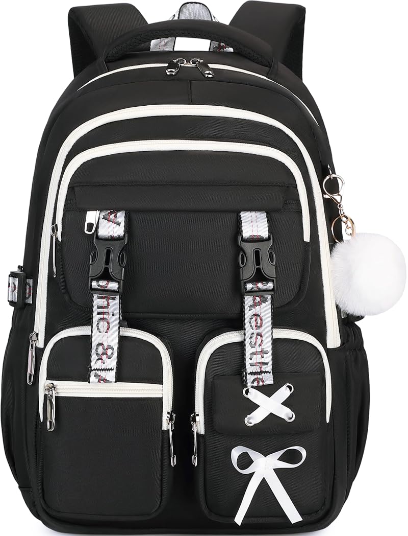 Gothic School Backpack for Girls with USB Ports - Black