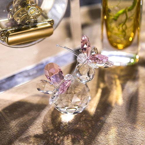H&D Hyaline & Dora Pink Crystal Cut Butterfly Figurine - Handmade Art Glass Collectible Gift