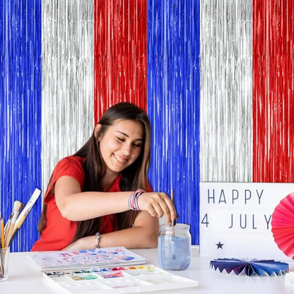 4th of July Decorations by [Brand Name] - 2 Pack Tinsel Backdrop | Red, Silver, Blue Fringe Curtains - 3.28 FT x 7.05 FT