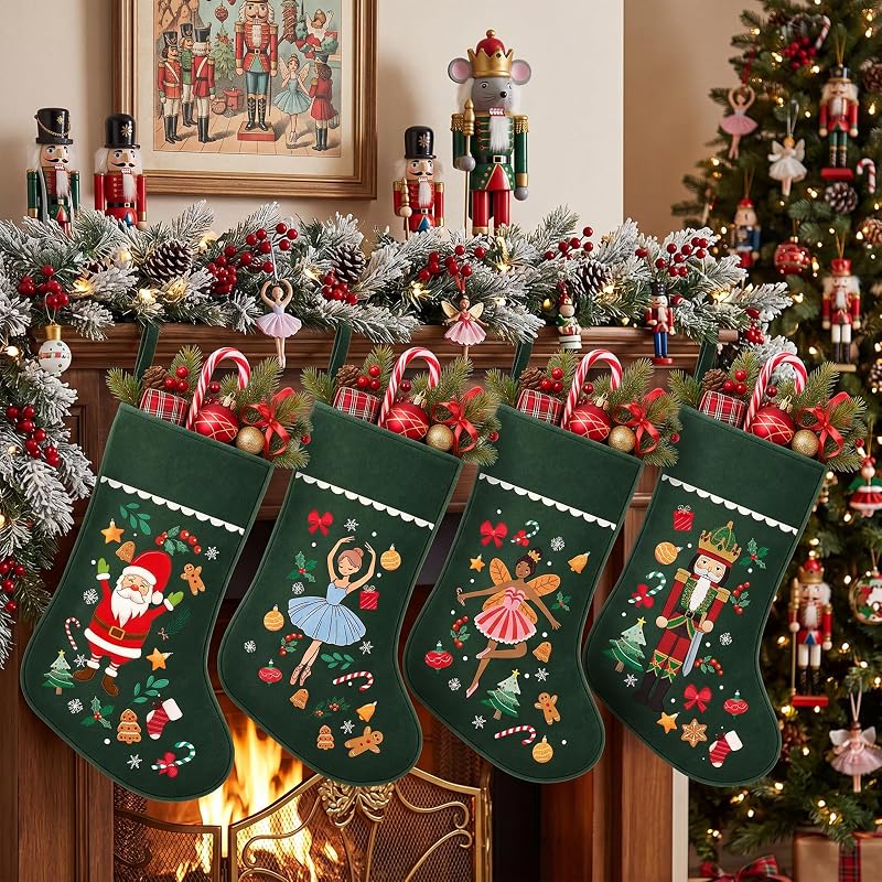 Christmas Stockings 18 Inch Set of 7 — Personalized Nutcracker Green Theme (Variation: 7+Green Fairy Tale)
