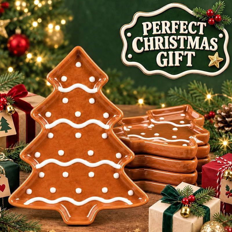 FillTouch 4 Pcs 5.9'' Christmas Gingerbread Tree Ceramic Plates - Brown