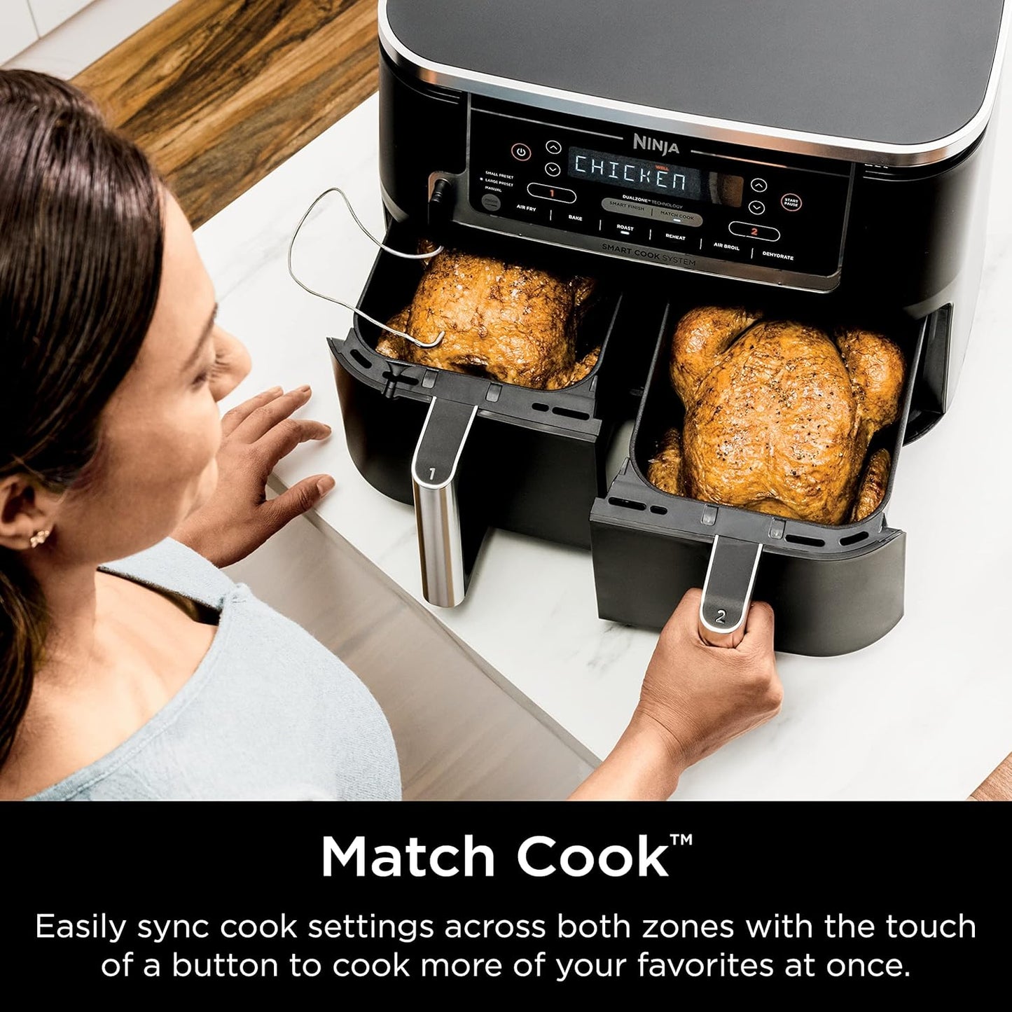 Ninja DZ550 Foodi 10 QT XL Air Fryer - 6-in-1 DualZone with Smart Cook Thermometer & 2 Baskets, Grey