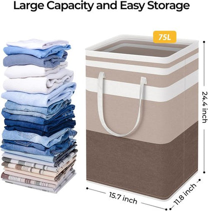 HomeHacks Large Waterproof Laundry Basket - 75L Collapsible Hamper with Extended Handles | Brown
