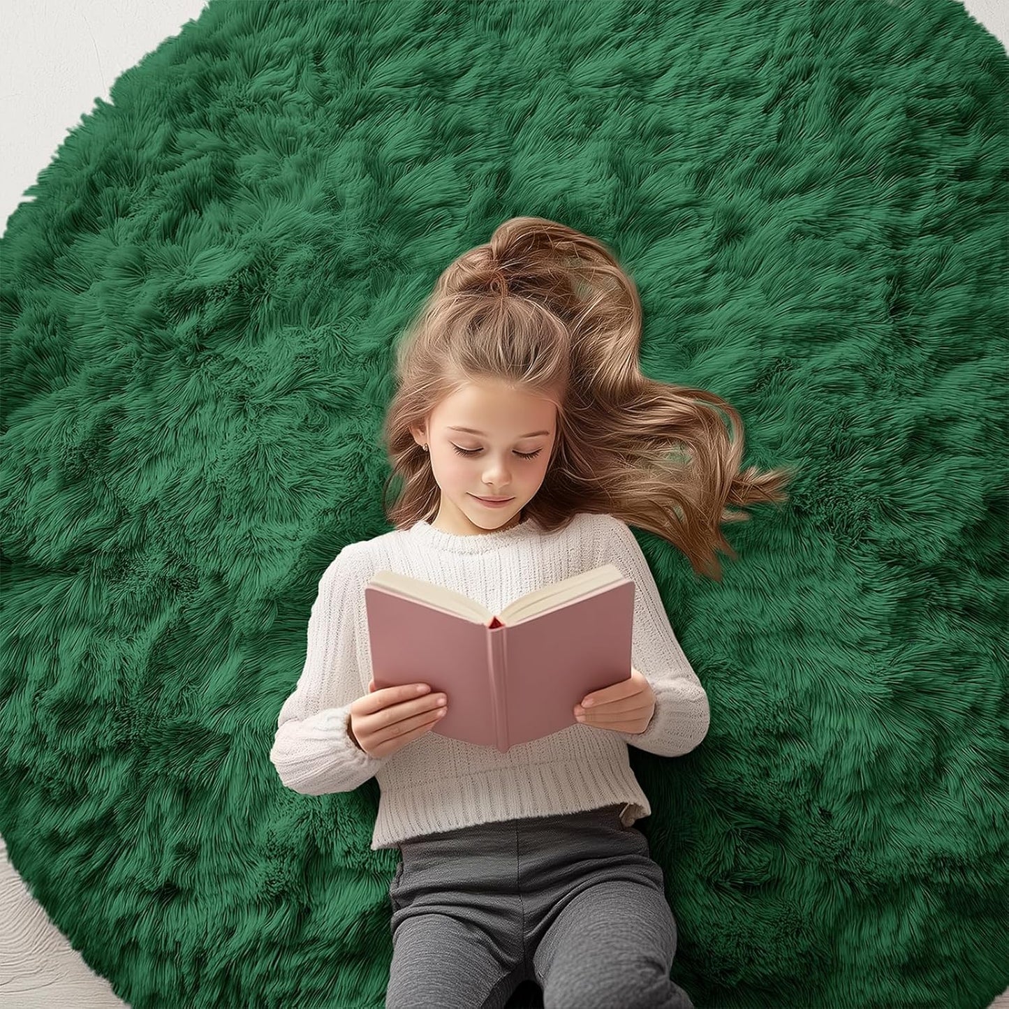 OLANLY Dark Green Round Area Rug - Soft, Fluffy, Machine Washable 5 ft Circle Carpet for Bedrooms & Living Rooms