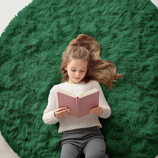 OLANLY Dark Green Round Area Rug - Soft, Fluffy, Machine Washable 5 ft Circle Carpet for Bedrooms & Living Rooms