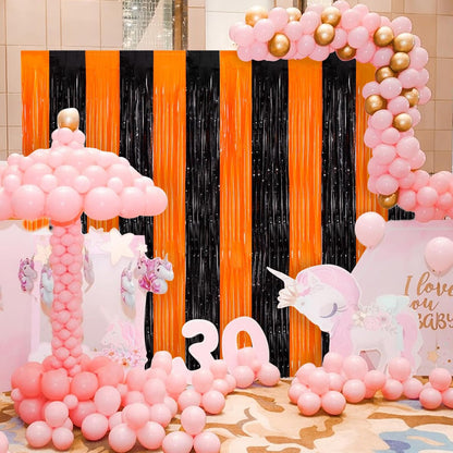 Orange Black Tinsel Foil Fringe Curtains - 2 Pack 3.3x8.3 Feet | Perfect for Birthday, Halloween & Bachelorette Party Decor