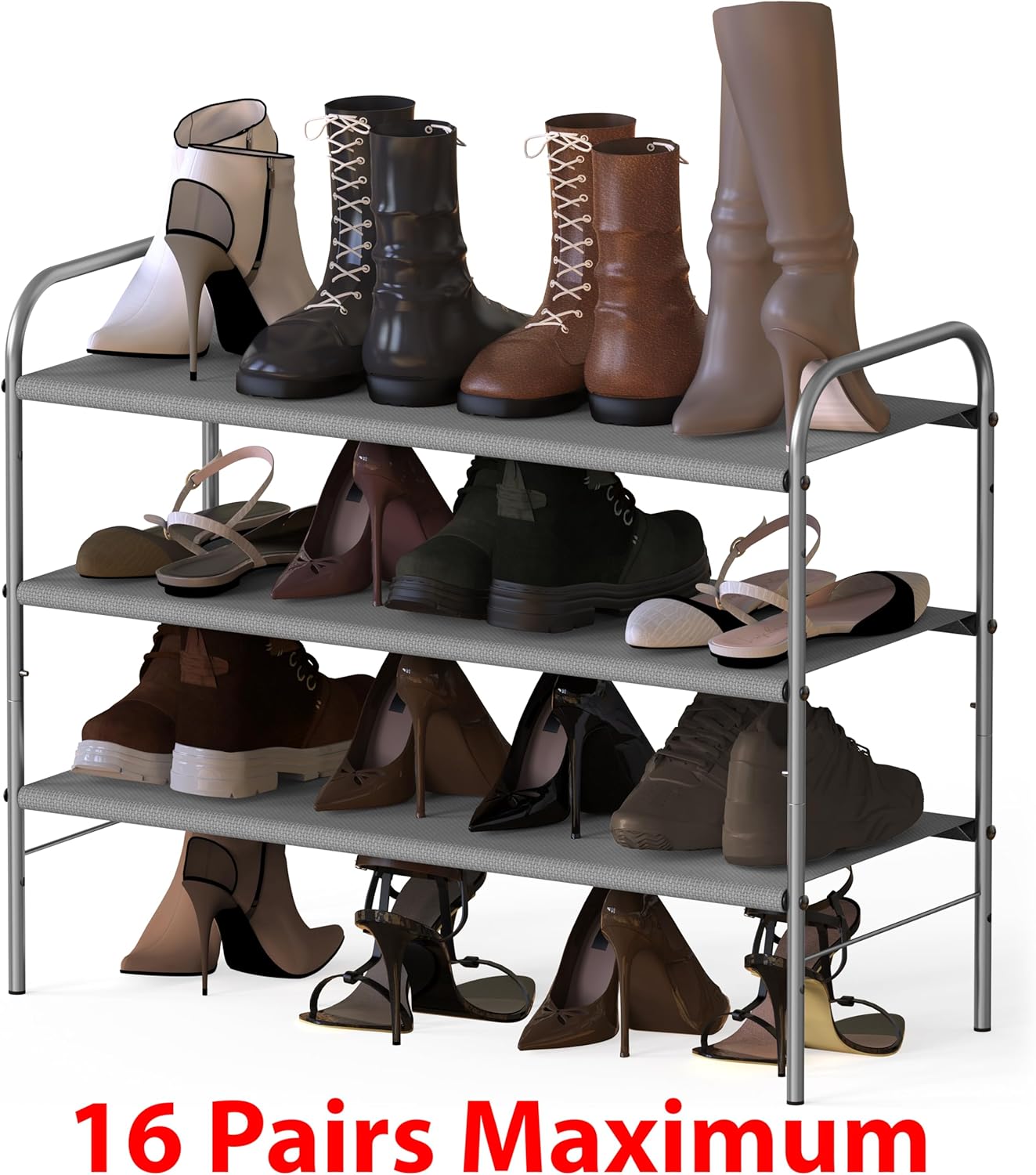 Simple Houseware 3-Tier Shoe Rack - Space-Saving Organizer for 9-16 Pairs, Sturdy Metal Frame, Grey