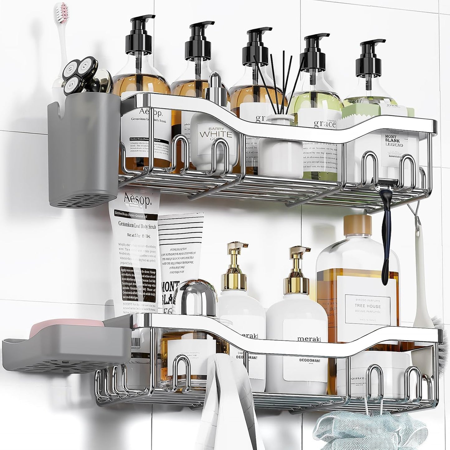 NESOMI Shower Caddy - Adhesive Bathroom Organizer with Soap Dish & 16 Hooks | Rustproof Stainless Steel, 2 Pack Silver