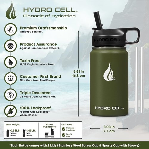 HYDRO CELL Stainless Steel Insulated Water Bottle - Modern Leakproof Flask for Hot & Cold Drinks | 14oz Army Green