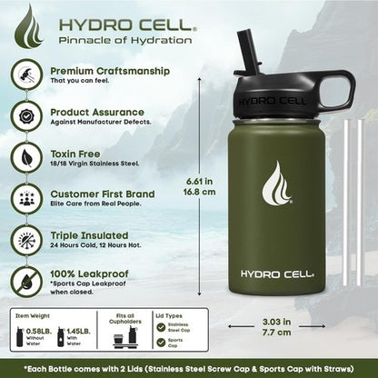 HYDRO CELL Stainless Steel Insulated Water Bottle - Modern Leakproof Flask for Hot & Cold Drinks | 14oz Army Green