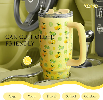 YOME 40 oz Lemon Yellow Tumbler - Insulated Stainless Steel Water Bottle with Handle & Flip Straw | Dishwasher Safe, Cupholder Friendly