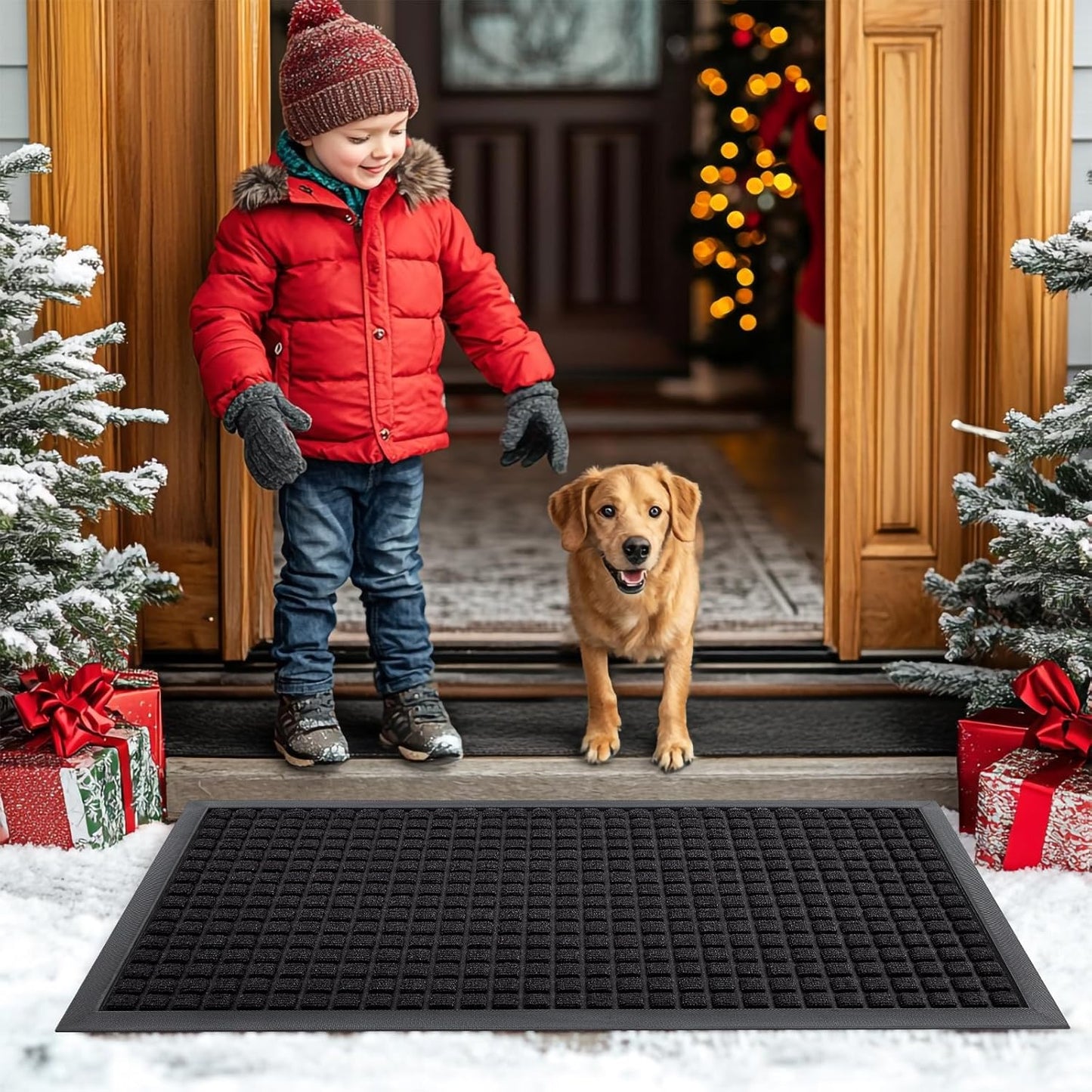 Smiry Heavy Duty Front Door Mat - Non-Slip Natural Rubber Doormat, Easy Clean, 35x23 Inch, Black