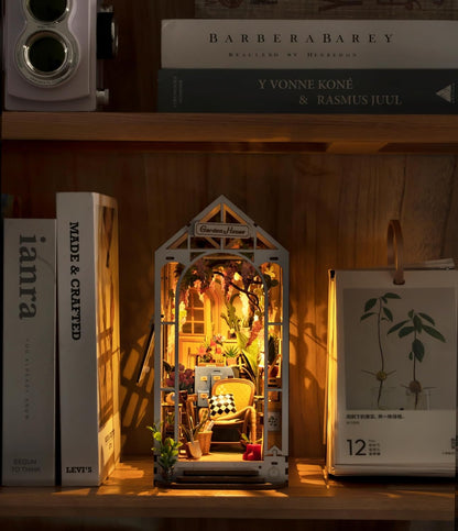 ROBOTIME Book Nook Kit - DIY Miniature House with LED Light | 3D Wooden Puzzle Bookend Decor (Garden House)