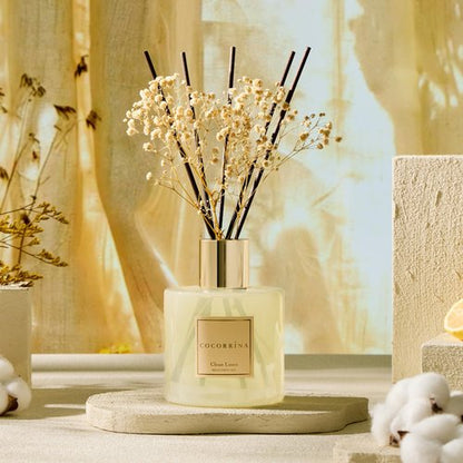 COCORRÍNA Reed Diffuser - Clean Linen 17 Fl.oz Reed Diffuser with 8 Sticks Scented Diffuser with Preserved Flowers for Bathroom Home Decor