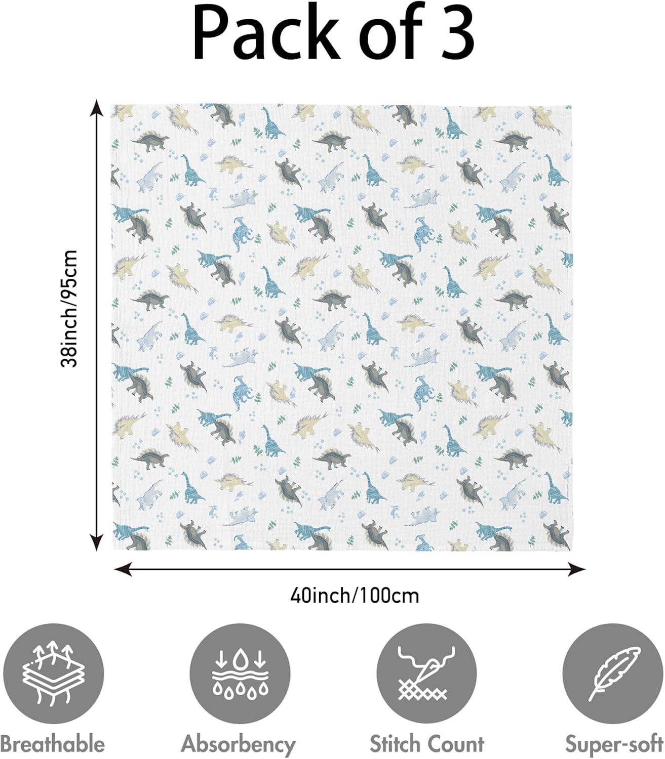 Skiennix Muslin Swaddle Blankets - 3 Pack Soft & Breathable Receiving Blankets | Large 38 x 40 Inches (Blue Dinosaur)