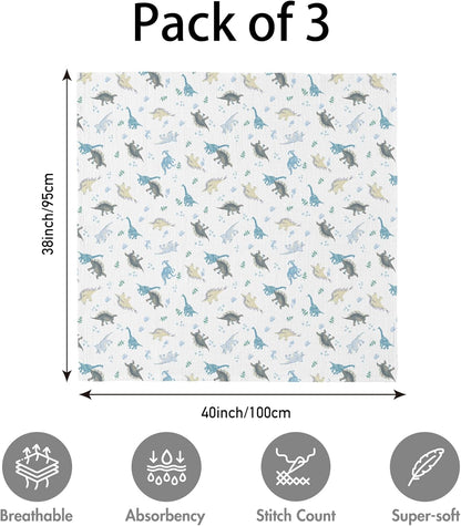 Skiennix Muslin Swaddle Blankets - 3 Pack Soft & Breathable Receiving Blankets | Large 38 x 40 Inches (Blue Dinosaur)