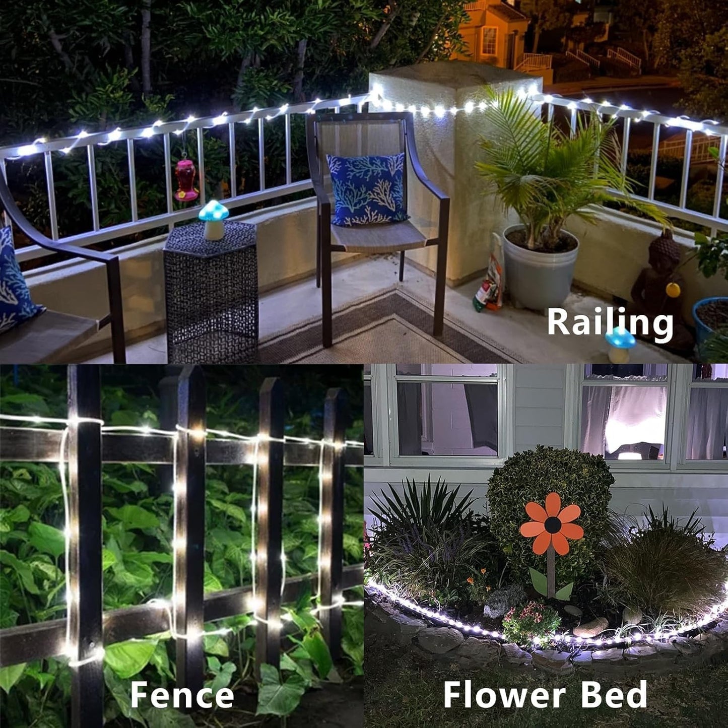 YEGUO Solar Rope Lights - 66ft Waterproof 200 LED White Fairy Lights | 8 Modes in Clear Tube