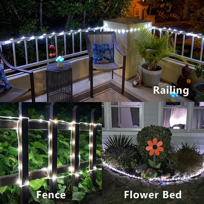 YEGUO Solar Rope Lights - 66ft Waterproof 200 LED White Fairy Lights | 8 Modes in Clear Tube