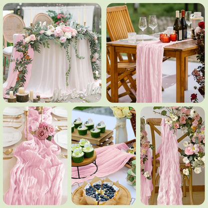 Skiennix 3PCS Table Runner Set - Blushing Pink Boho Gauze for Rustic Summer Weddings & Events