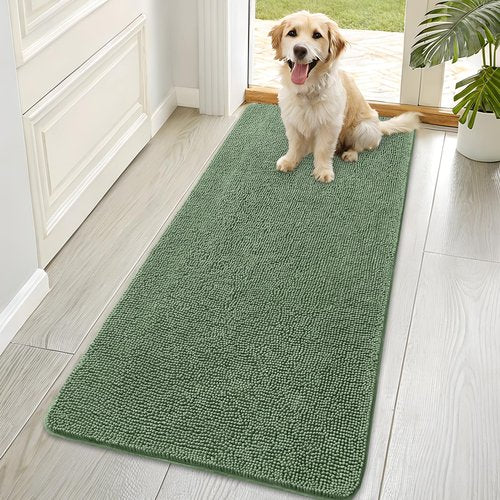 OLANLY Dog Door Mat for Muddy Paws 70x35, Absorbs Moisture and Dirt, Absorbent Non-Slip Washable Doormat, Quick Dry Chenille Mud Mat, Entry Indoor Entryway Carpet for Inside Floor, Olive Green