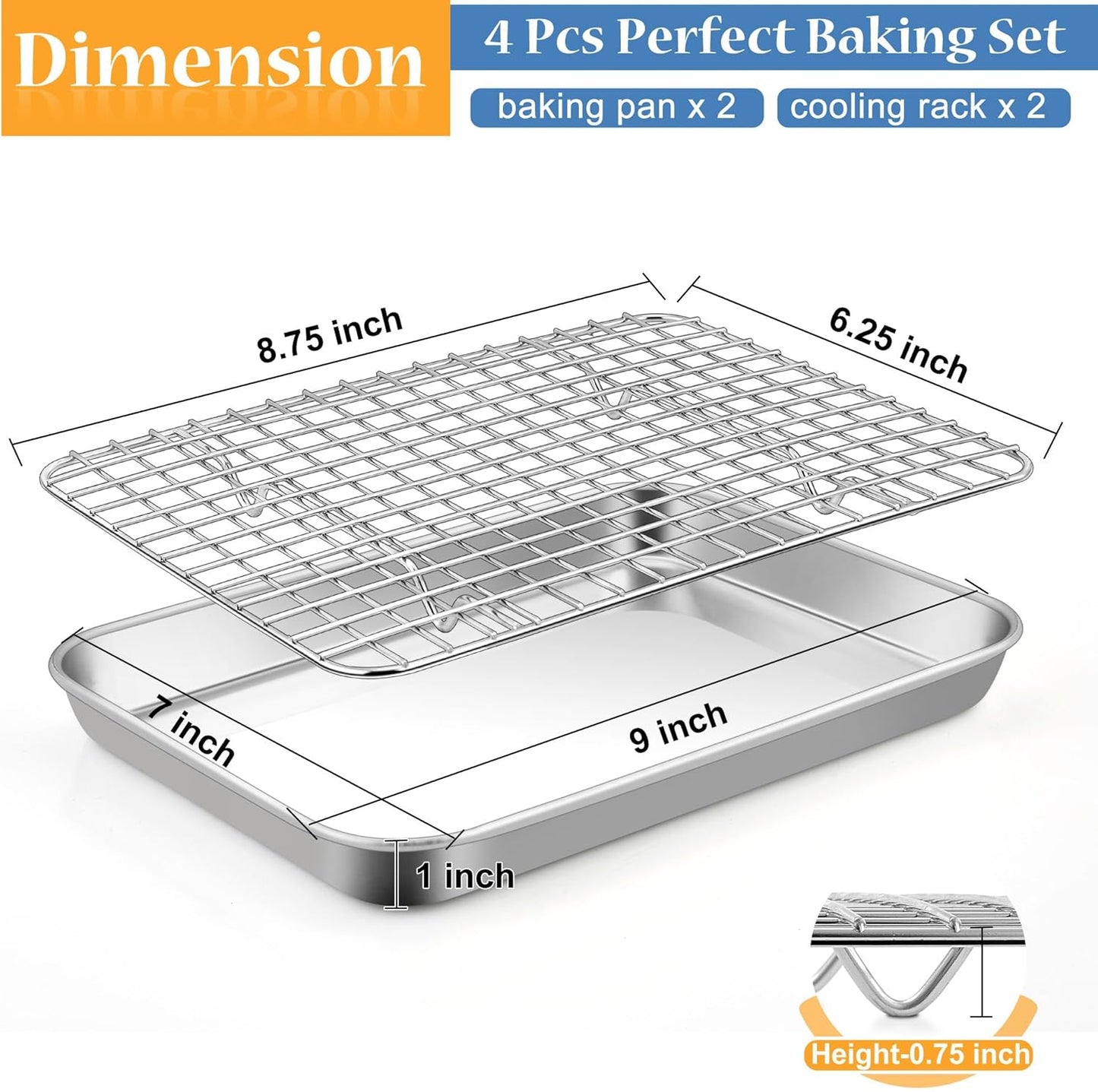 TeamFar Stainless Steel Toaster Oven Pan Set - 9 x 7 Inch Mini Baking Tray with Rack | Non-Toxic & Dishwasher Safe (2 Pans + 2 Racks)