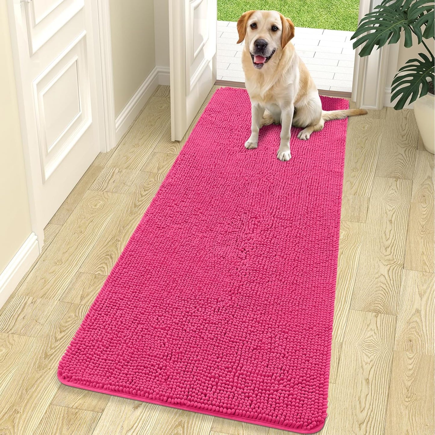 OLANLY Dog Door Mat - Absorbent Non-Slip Mud Mat for Indoor Use | Quick Dry Chenille, 70x24, Hot Pink