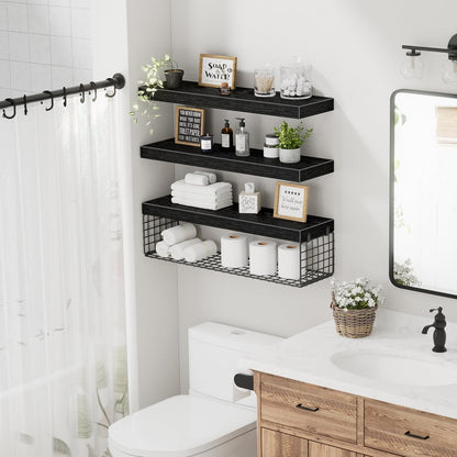 QEEIG Floating Bathroom Shelves - 24-Inch Wall Storage Solution for Toilet Paper | Set of 3, Black