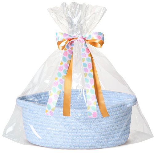 Kodomoore Small Woven Easter Basket with Gift Bag and Ribbon – Empty Burr Basket for Gifts, Baby Shower, & Birthdays – Decorative Rope Storage Organizer for Shelves, 12"x8"x5", Blue