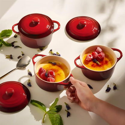 Kook Mini Cocotte Set - Small Casserole Dishes with Lids & Handles | Oven Safe 350°F, 12 oz, Set of 4 (Crimson Ombre)