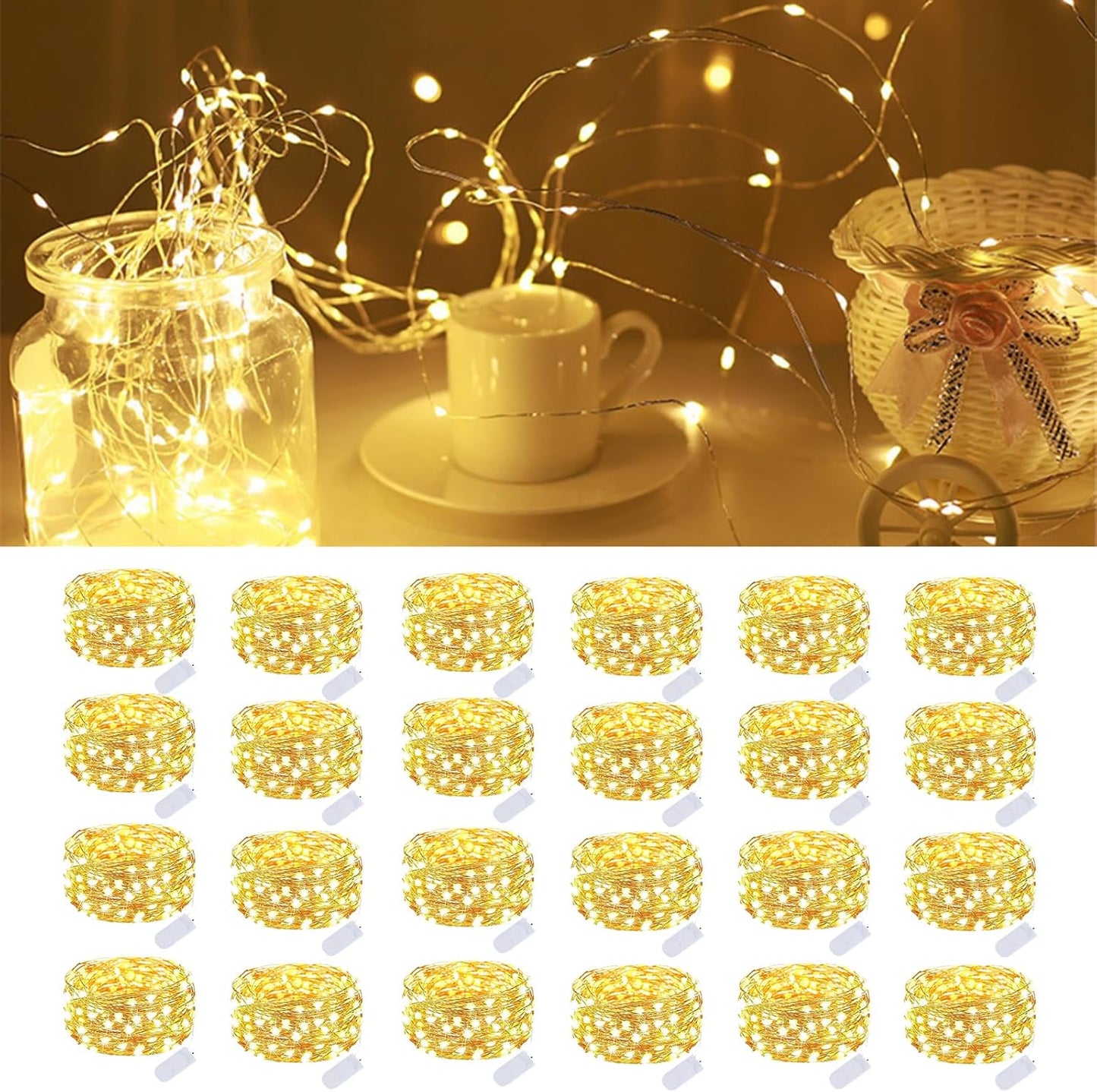 Skiennix 24-Pack Fairy Lights - Battery Operated 7 Feet Twinkle String Lights | Waterproof Warm White for Decorations