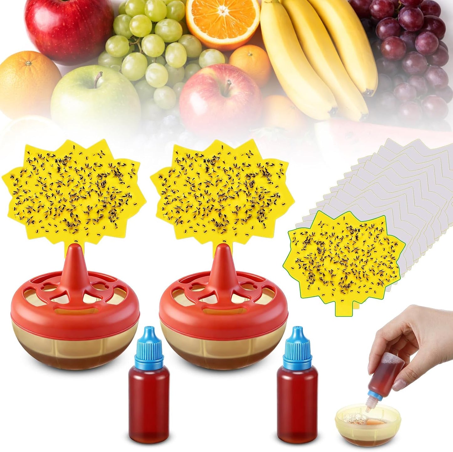 Skiennix Fruit Fly Trap Refill Liquid Kit - 2 Bottles (0.68oz Each) with Reusable Traps & Sticky Pads for Safe Indoor Use