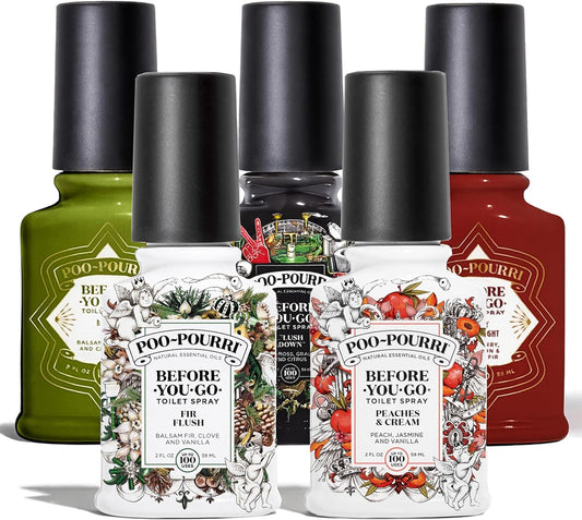 Poo-Pourri Toilet Spray Set - 5 Pack of 2 oz Bottles in Peaches & Cream, Berry & Bright, Balsam Bum