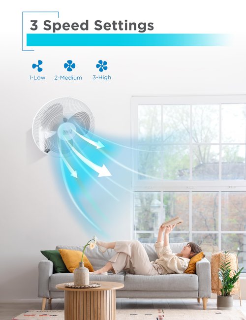 BLACK+DECKER 16" Wall Mount Fan With Remote Control, Oscillating With 3 Speed Settings and Shut Off Timer, Adjustable Tilt Angle, White