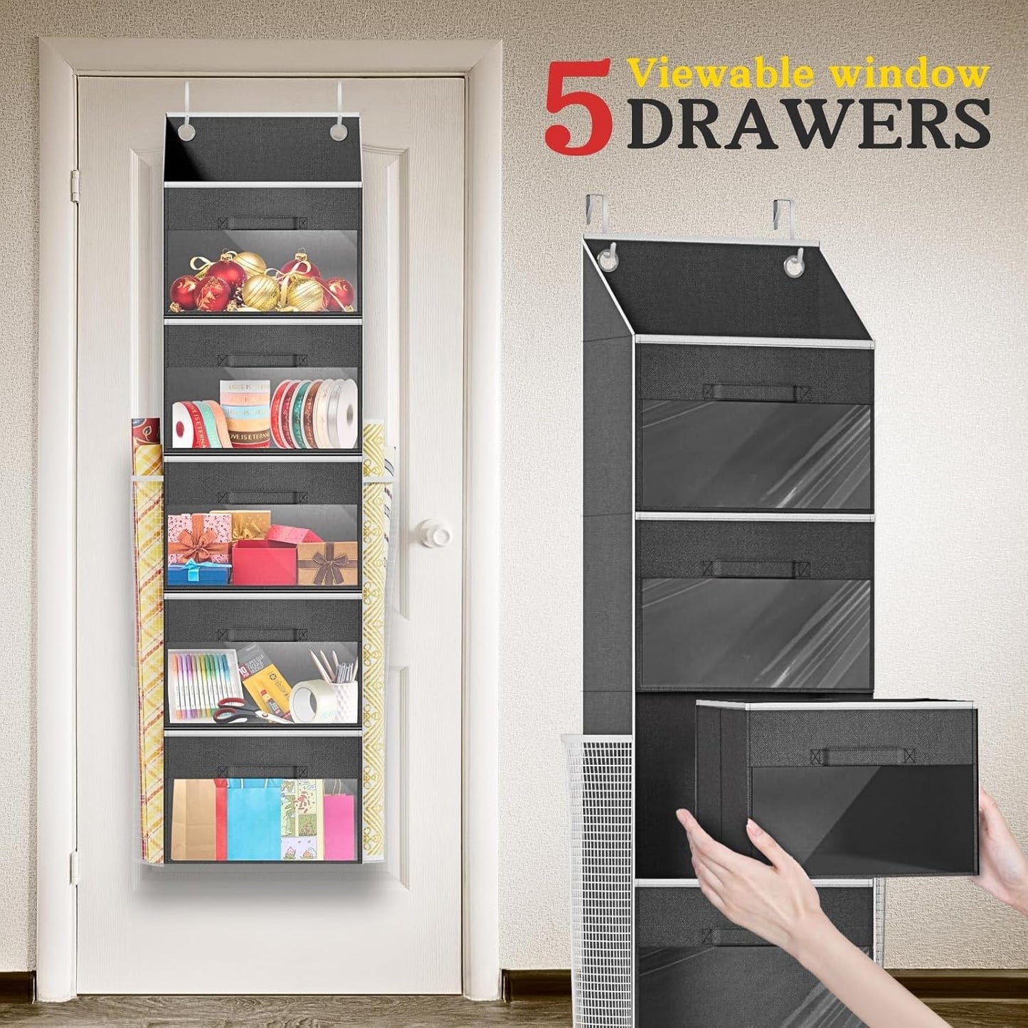 Ofiray-Home Over Door Wrapping Paper Organizer - 5 Removable Drawers & 2 Large Pockets for Gift Wrap Storage