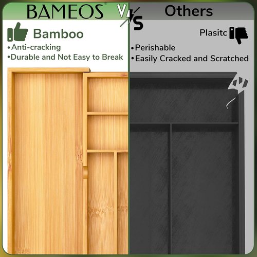 BAMEOS Bamboo Drawer Organizer - Expandable Cutlery Tray for Kitchen & Bathroom Storage