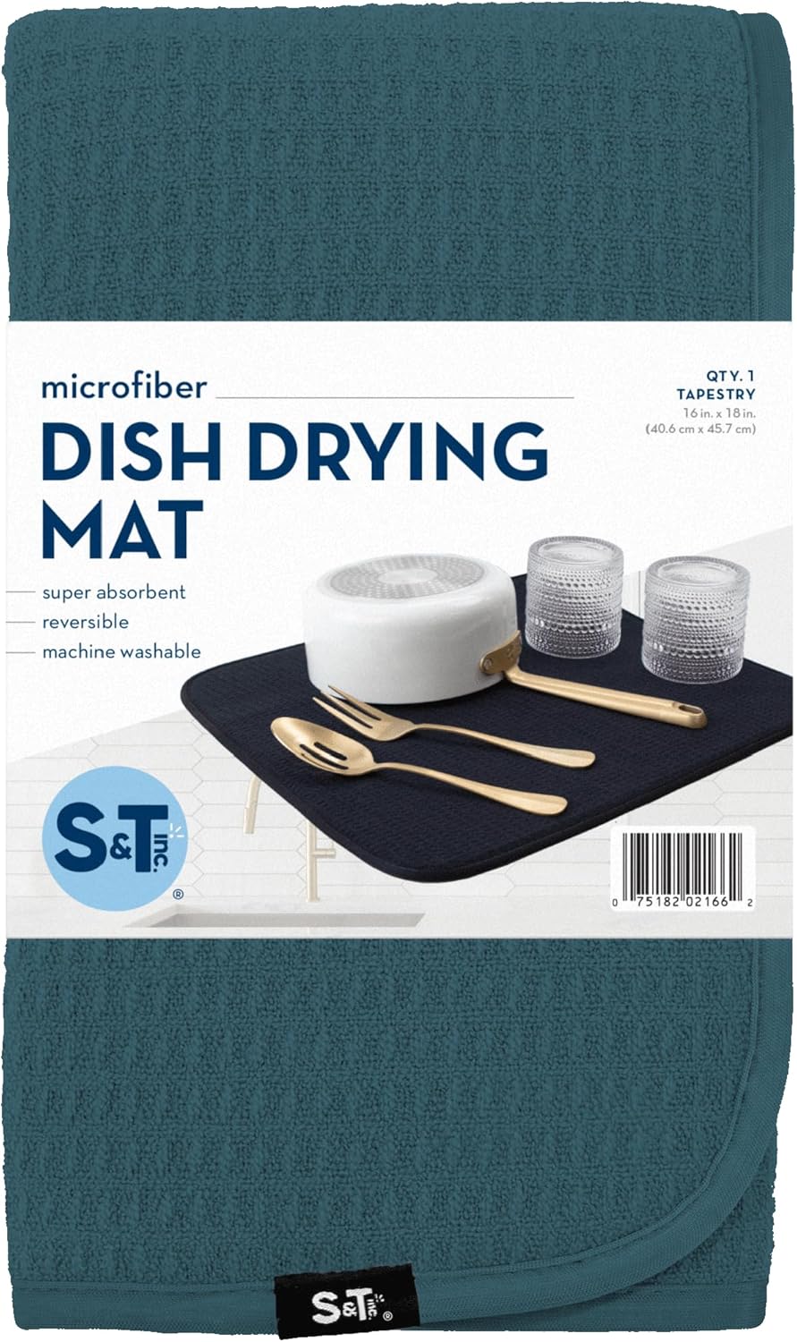 S&T INC. Dish Drying Mat - Absorbent Microfiber Kitchen Counter Pad, 16” x 18”, Tapestry Blue
