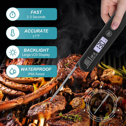 Ultrean Digital Meat Thermometer - Ultra-Fast Instant Read with Backlight & Foldable Probe | Waterproof Kitchen Tool for BBQ, Grill, Fry, Oven, Candy Making