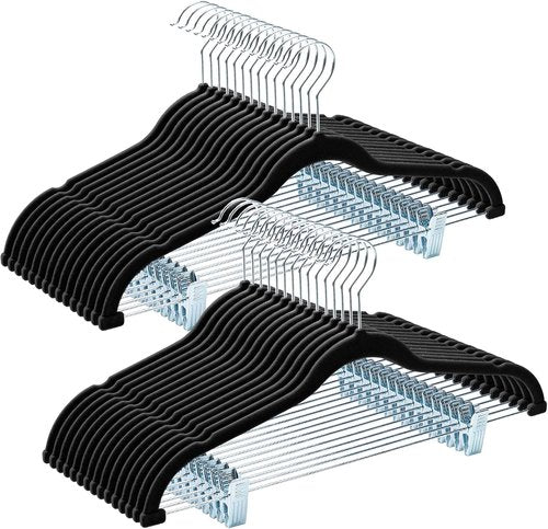 HOUSE DAY Velvet Hangers - Adjustable Clips & 360° Hook | 30 Pack Heavy-Duty Non-Slip Suit Organizer (Black)