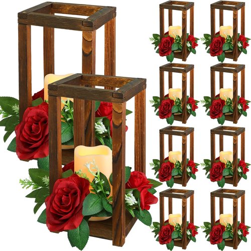 Hushee 30 Pcs Rustic Wooden Lantern Centerpiece - Integrated Candle Holders for Wedding & Home Decor | Brown & Red