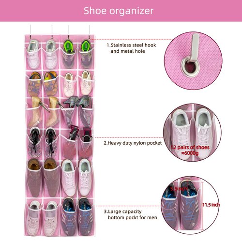 SAVERHO Hanging Shoe Organizer, Over The Door Shoe Organizer with 24 Breathable Mesh Pockets for Men Women Kids Hanging Shoe Storage Rack Organizer Size:58x21 Inch（Pink）