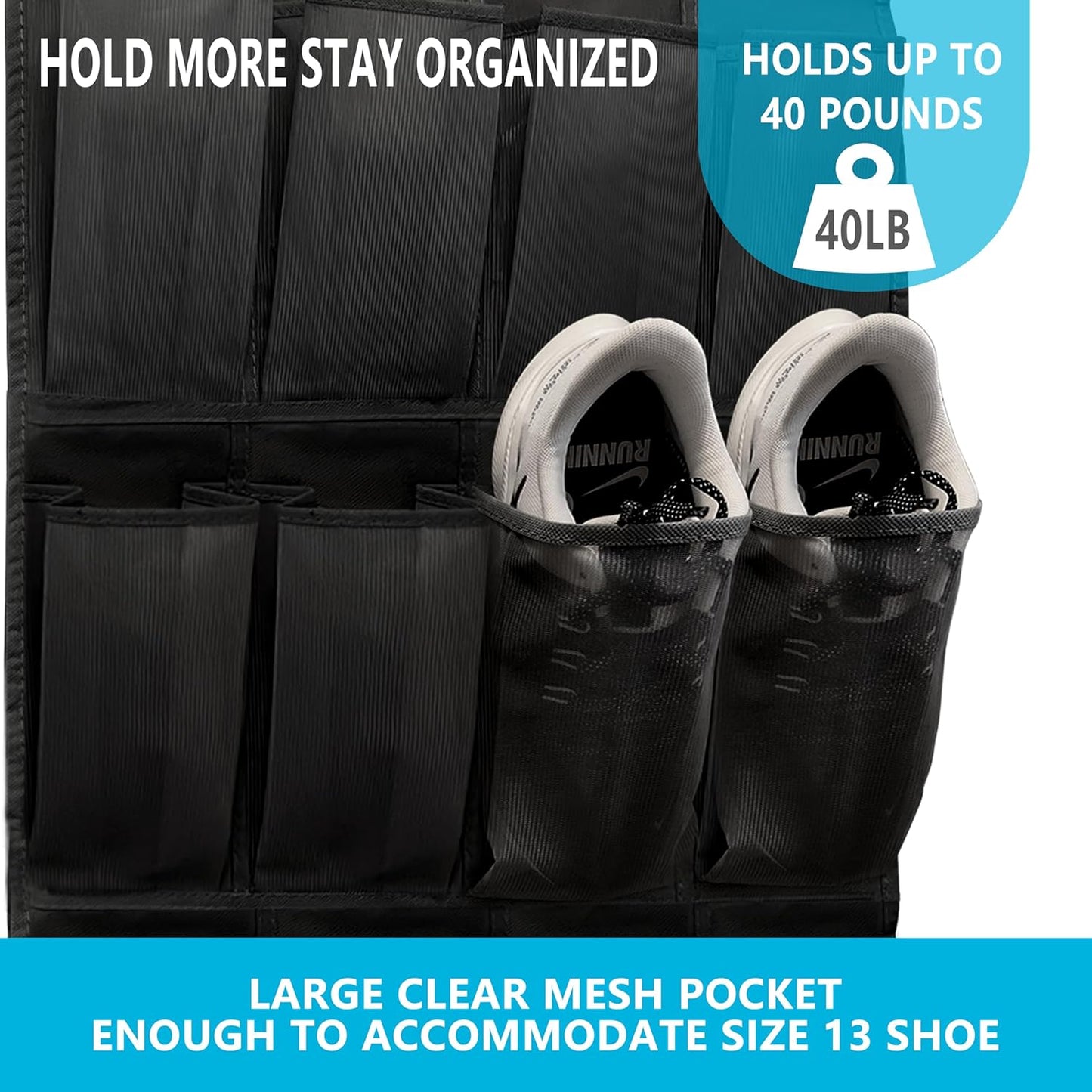 SimpleHouseware Over The Door Shoe Organizer - 24 Large Breathable Mesh Pockets | Sturdy Hanging Storage (Black)