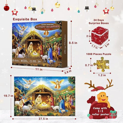 Gold Foil Accents Advent Calendar Jigsaw Puzzle - 1008 Pieces Nativity Scene Countdown for Family 2026